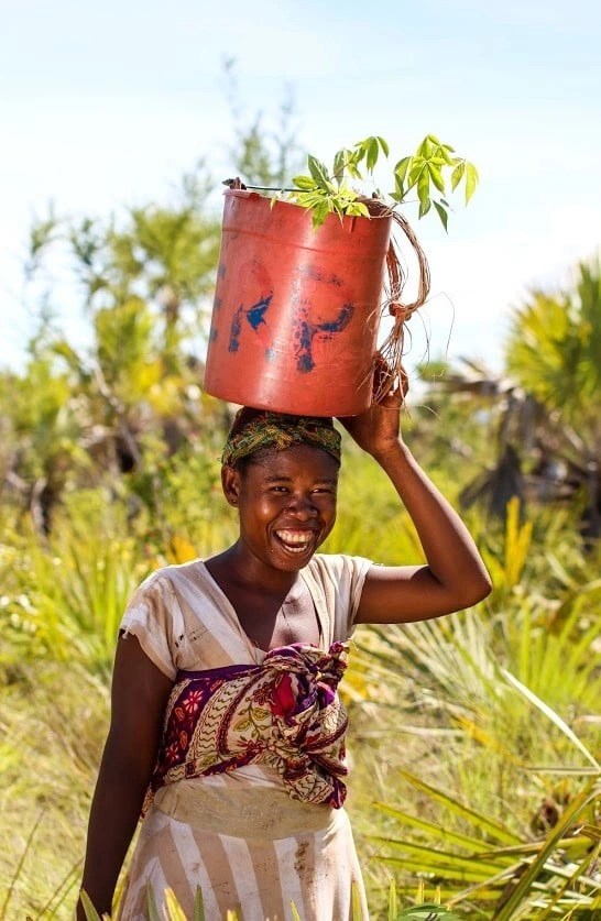Image d'une jeune fille heureuse avec un seau sur la tête