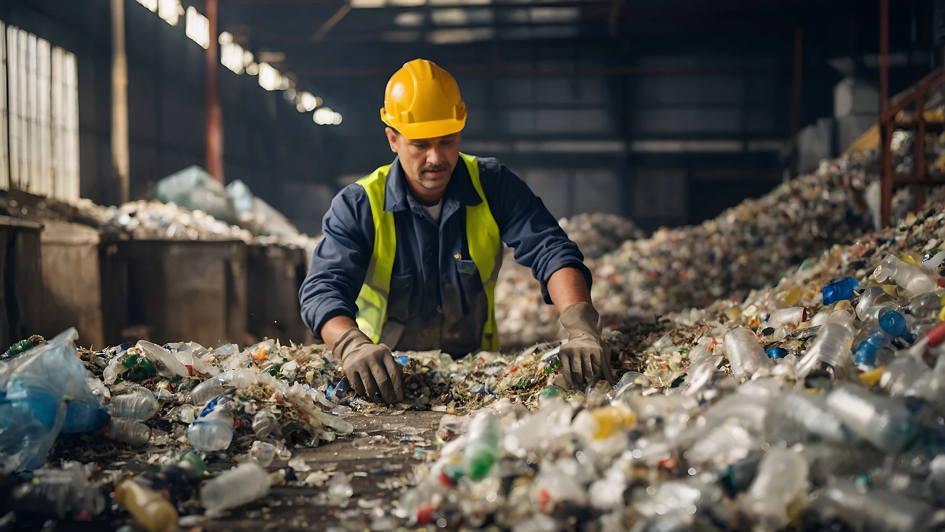 Image of a man sorting plastic at a landfill site
