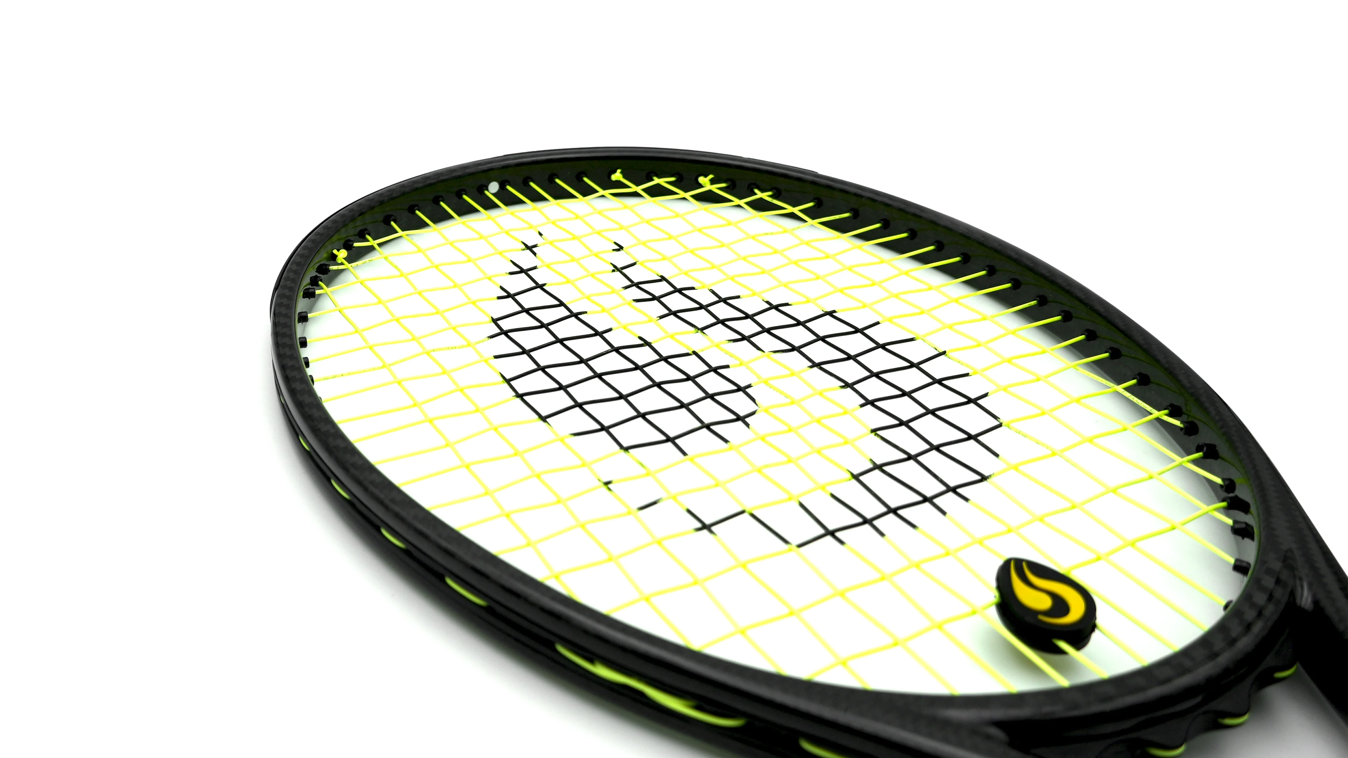 Detail of String Project Rocket tennis strings strung on a racket