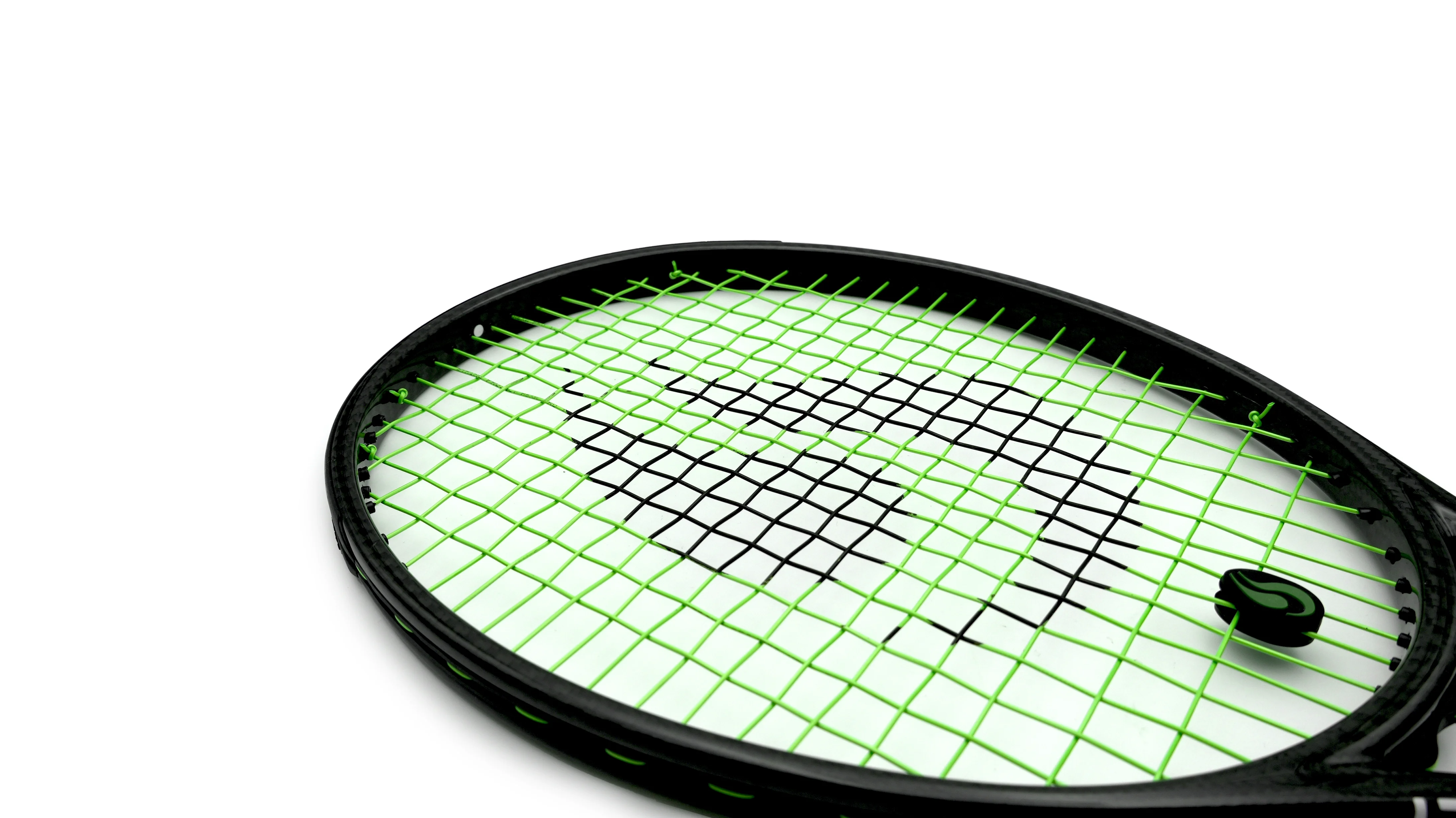 Detail of String Project Hexa Pro tennis strings strung on a racket